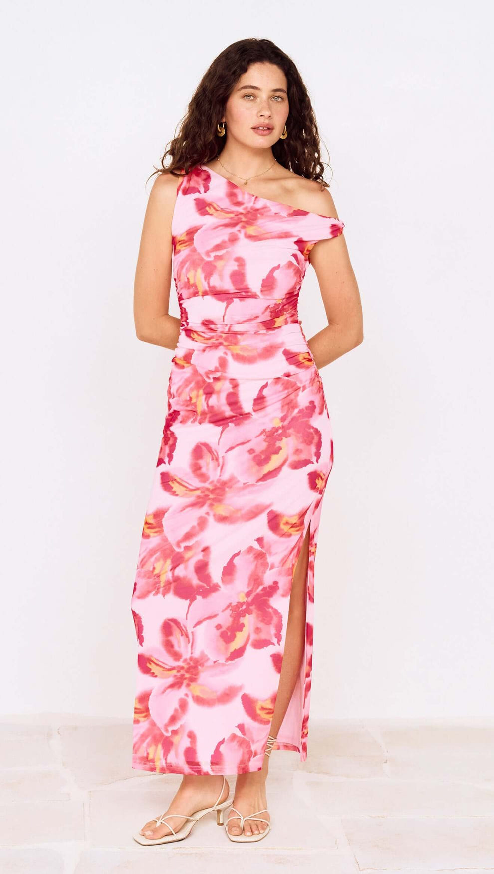Pink Floral Off-Shoulder Mesh Midi Dress M / Pink Floral