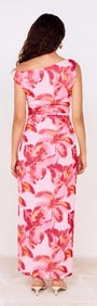 Back view of a woman wearing a Pink Floral Off-Shoulder Mesh Midi Dress, showcasing the vibrant floral pattern.
