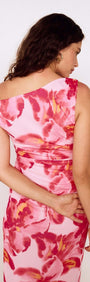 Pink Floral Off-Shoulder Mesh Midi Dress featuring a back view with vibrant floral patterns and elegant silhouette.