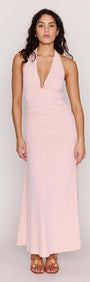Pink Halter Neck Ruched Midi Dress featuring a plunging halter neckline and a flowy skirt for summer elegance.