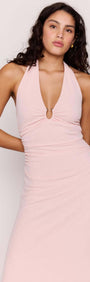 Pink Halter Neck Ruched Midi Dress showcasing a plunging halter neckline and flattering ruched bodice.