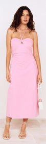 Pink Keyhole Detail Halter Neck Midi Dress worn by a model, showcasing its stylish design and elegant silhouette.