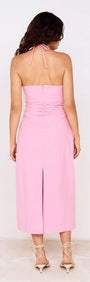Back view of a Pink Keyhole Detail Halter Neck Midi Dress showcasing its elegant design and flattering fit.