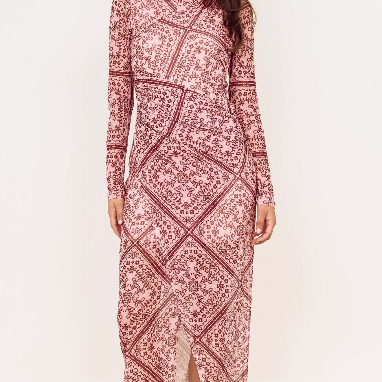 Pink Paisley Long Sleeve Mesh Midi Dress showcased on a model, featuring a stunning scarf-inspired print and front split.