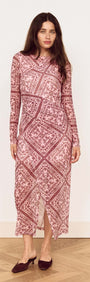 Pink Paisley Long Sleeve Mesh Midi Dress showcased on a model, featuring a stunning scarf-inspired print and front split.