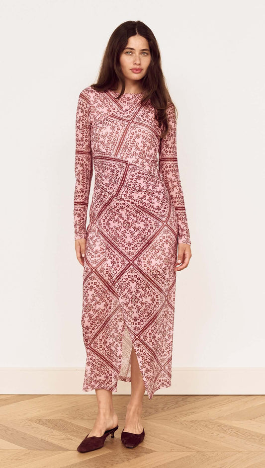 Pink Paisley Long Sleeve Mesh Midi Dress showcased on a model, featuring a stunning scarf-inspired print and front split.