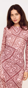 Pink Paisley Long Sleeve Mesh Midi Dress featuring a chic paisley print and elegant long sleeves.