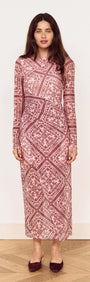 Pink Paisley Long Sleeve Mesh Midi Dress on a model showcasing its sleek, body-skimming design and exclusive paisley print.