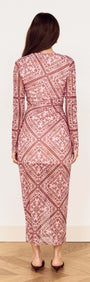 Pink Paisley Long Sleeve Mesh Midi Dress showcased from the back, highlighting the elegant design and silhouette.