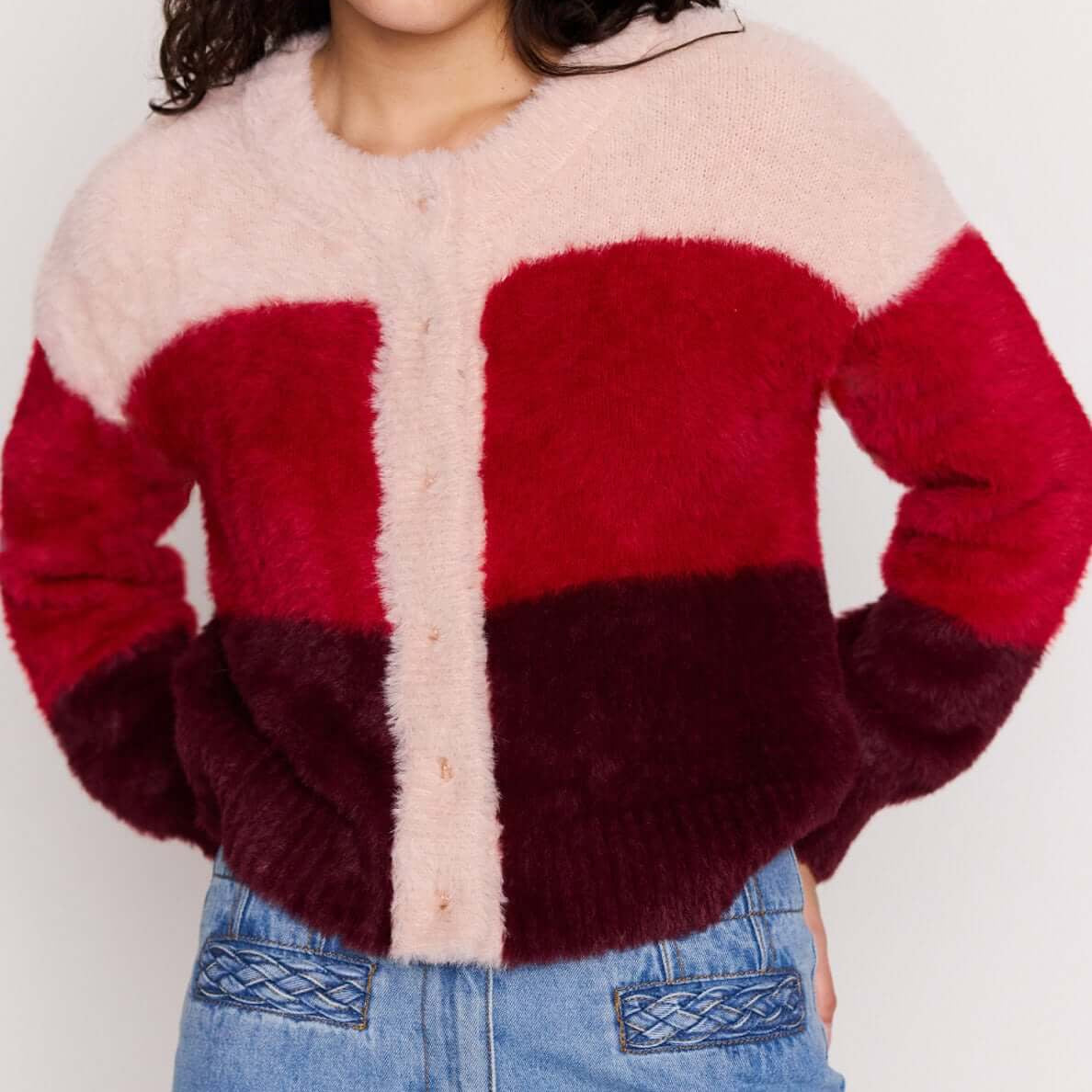 Red Colour Block Fluffy Cardigan featuring soft texture and bold color-block design, perfect for cozy layering.