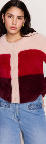 Red Colour Block Fluffy Cardigan featuring soft texture and bold color-block design, perfect for cozy layering.