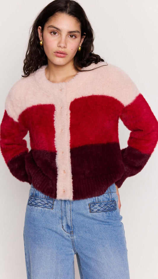 Red Colour Block Fluffy Cardigan featuring soft texture and bold color-block design, perfect for cozy layering.