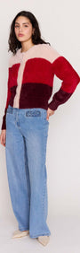 Red Colour Block Fluffy Cardigan worn by a model, showcasing bold colour-blocking design and soft texture.