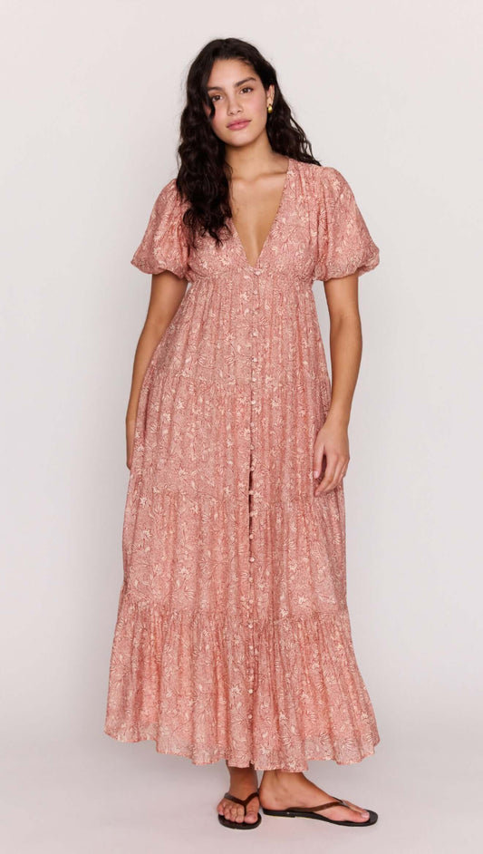 Red Floral Puff Sleeve Maxi Dress featuring soft puff sleeves and a tiered skirt design.
