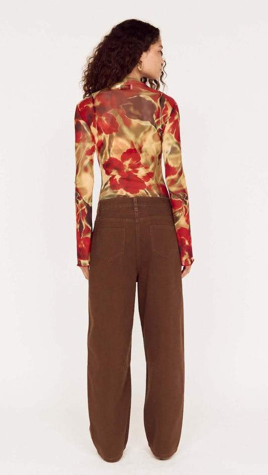 Red Floral Sheer Mesh High Neck Top