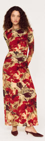Red Floral Sheer Mesh Midi Dress modeled by a woman, showcasing a vibrant floral design in red and beige tones.