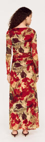 Back view of the Red Floral Sheer Mesh Midi Dress, showcasing its vibrant floral pattern and elegant design.