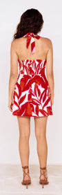 Red Palm Print Halter Neck Mini Dress showcasing a back view with a tie detail and vibrant floral pattern.