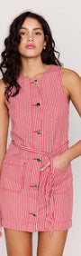 Red Pinstriped Denim Mini Shift Dress worn by a model showcasing its sleeveless design and button-front style.