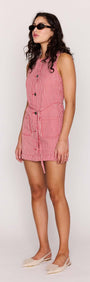 Women modeling the Red Pinstriped Denim Mini Shift Dress with sunglasses and casual shoes.