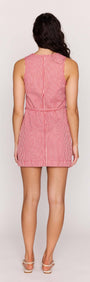 Back view of the Freya Red Pinstriped Denim Mini Shift Dress showcasing its sleeveless design and adjustable waist tie.