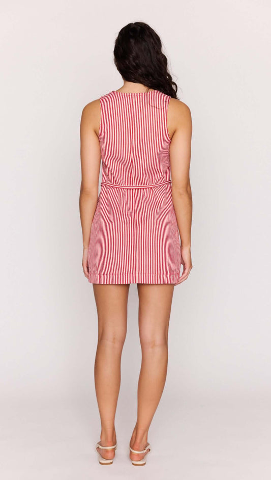 Back view of the Freya Red Pinstriped Denim Mini Shift Dress showcasing its sleeveless design and adjustable waist tie.