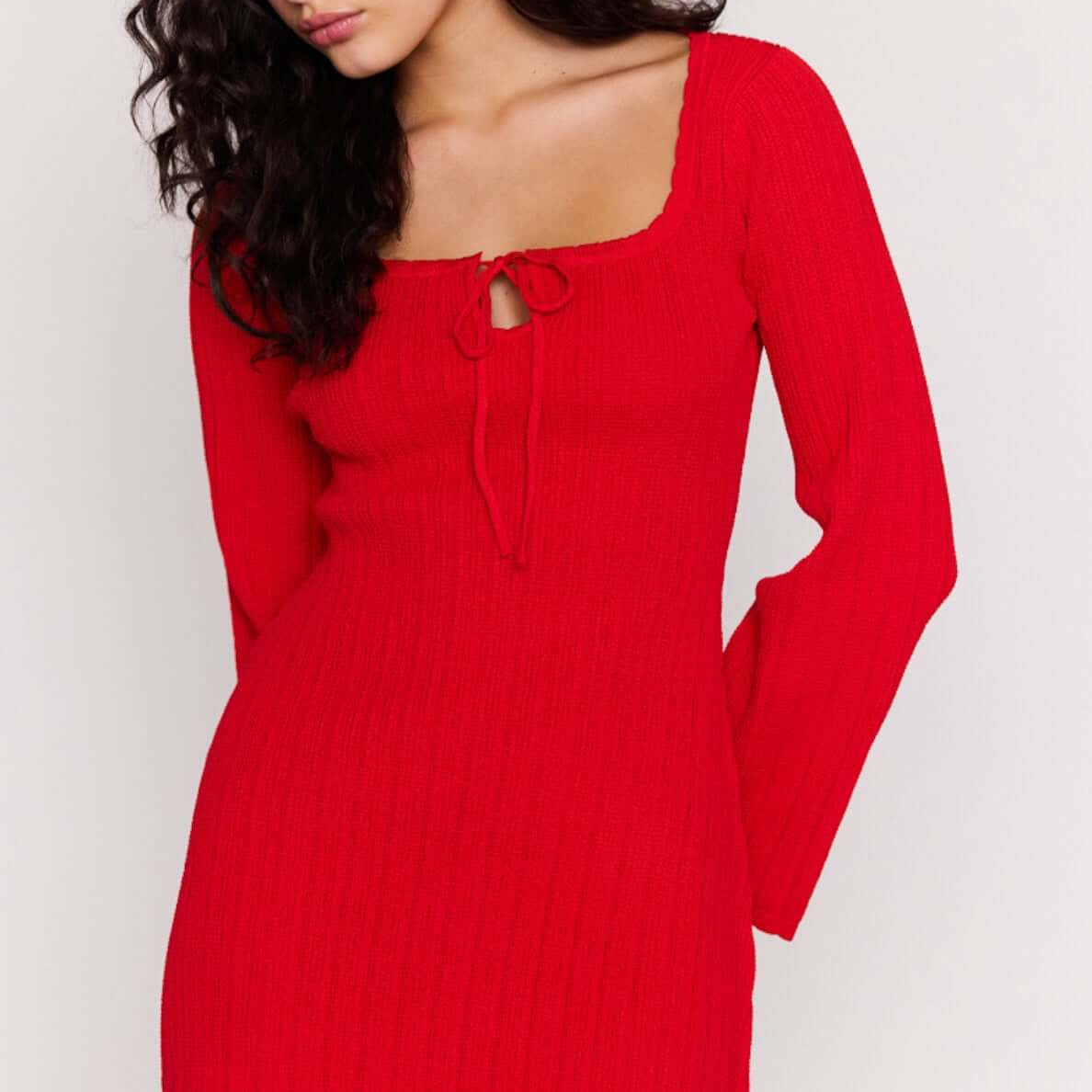 Red Ribbed Knit Mini Dress with square neckline and tie-front detail on model.