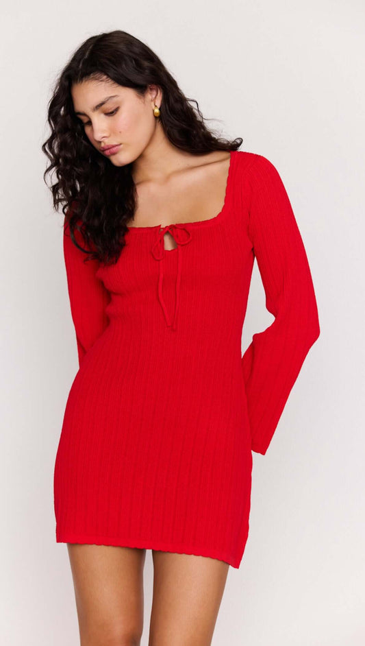 Red Ribbed Knit Mini Dress with square neckline and tie-front detail on model.