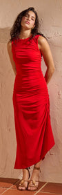 Red Ruched Stretch Midi Dress worn by a model featuring adjustable side drawstrings and subtle side split hem.