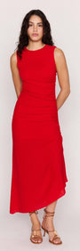 Model wearing a sleek Red Ruched Stretch Midi Dress with side drawstrings and a subtle split hem.