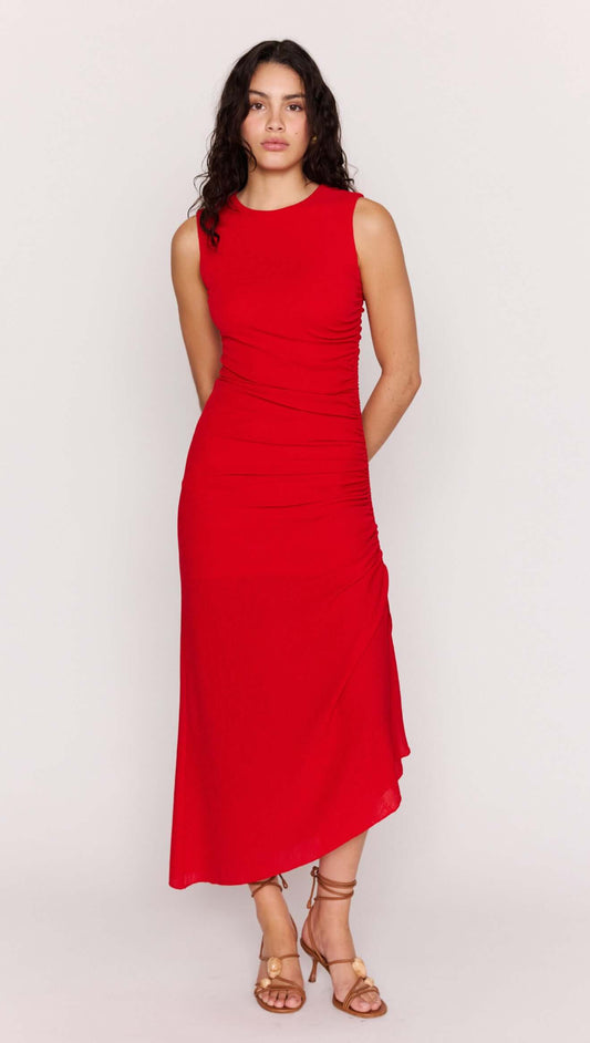 Model wearing a sleek Red Ruched Stretch Midi Dress with side drawstrings and a subtle split hem.
