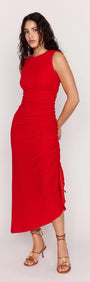 Red Ruched Stretch Midi Dress worn by a model, showcasing its sleek design and adjustable side drawstring.