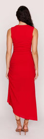 Back view of the Rosa Red Ruched Stretch Midi Dress showcasing its sleek design and adjustable drawstrings.