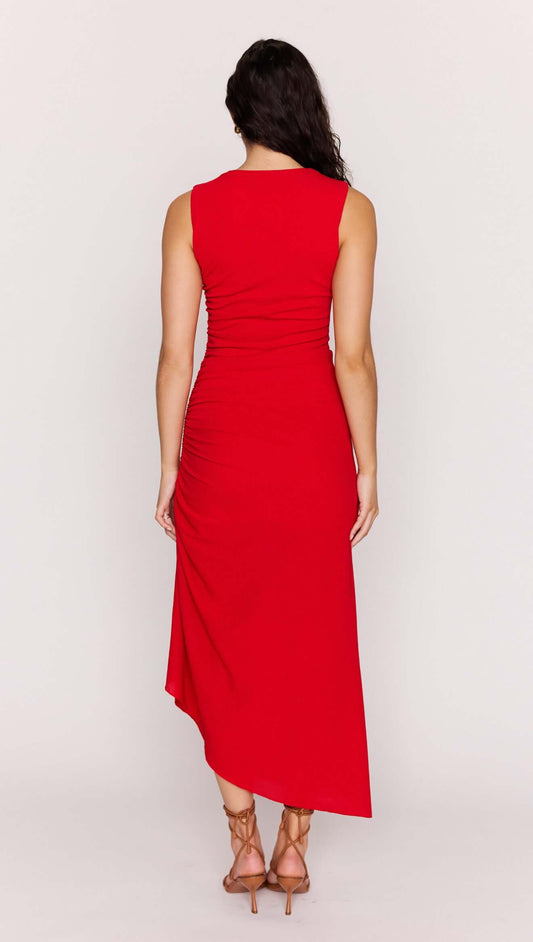 Back view of the Rosa Red Ruched Stretch Midi Dress showcasing its sleek design and adjustable drawstrings.