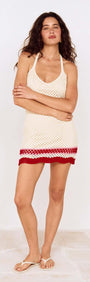 Red Stripe Crochet Halter Mini Dress worn by model, showcasing a summer-ready playful style in crochet fabric.