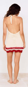 Red Stripe Crochet Halter Mini Dress showcasing a back view, featuring a crochet design and playful red stripes.