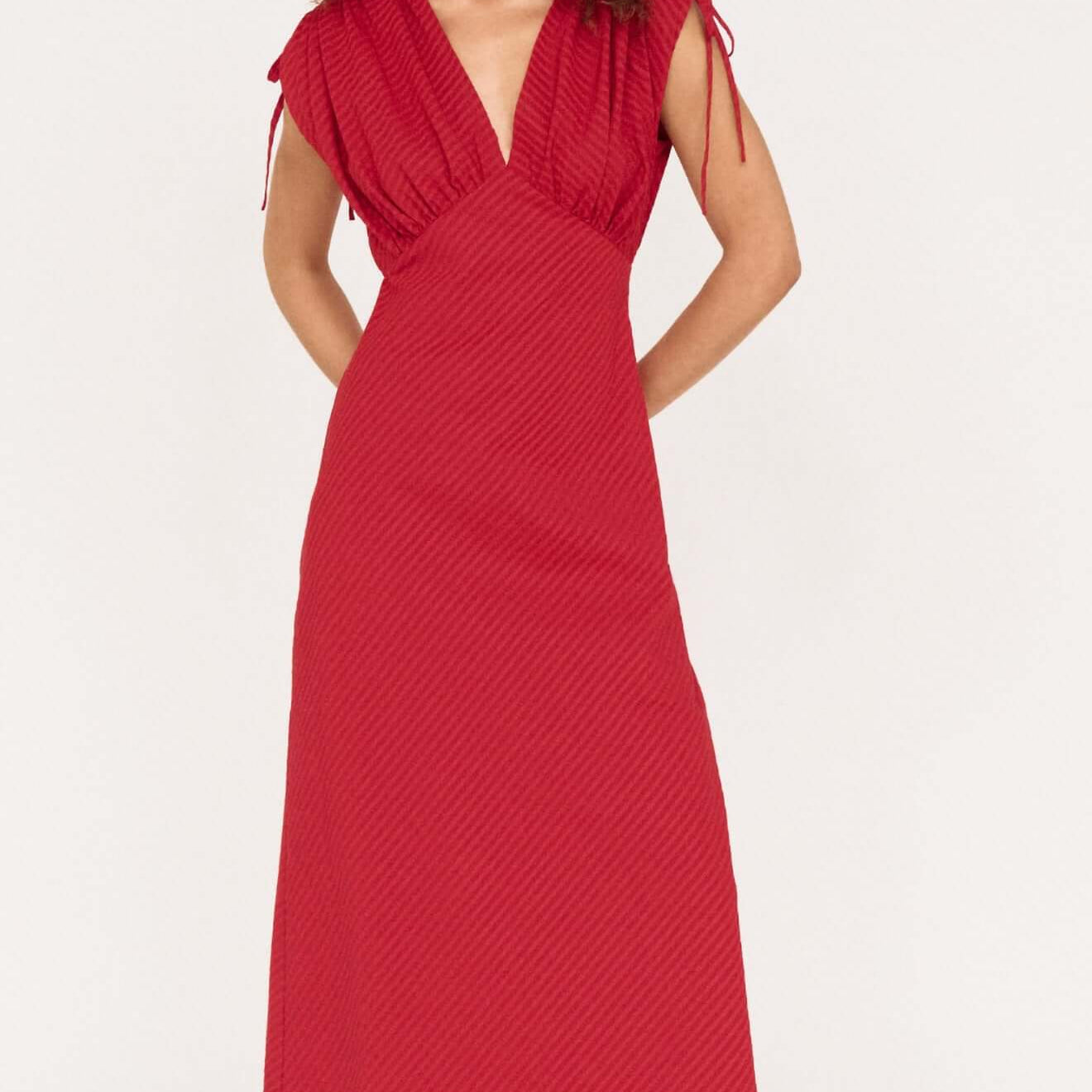 Red Stripe V-Neck Midi Dress with Gathered Shoulder showcased on model, featuring a flattering fit and gathered shoulders.