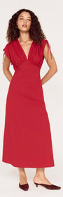 Red Stripe V-Neck Midi Dress with Gathered Shoulder showcased on model, featuring a flattering fit and gathered shoulders.