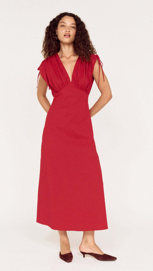 Red Stripe V-Neck Midi Dress with Gathered Shoulder showcased on model, featuring a flattering fit and gathered shoulders.