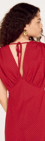 Back view of Red Stripe V-Neck Midi Dress with Gathered Shoulder highlighting gathered shoulder detail.