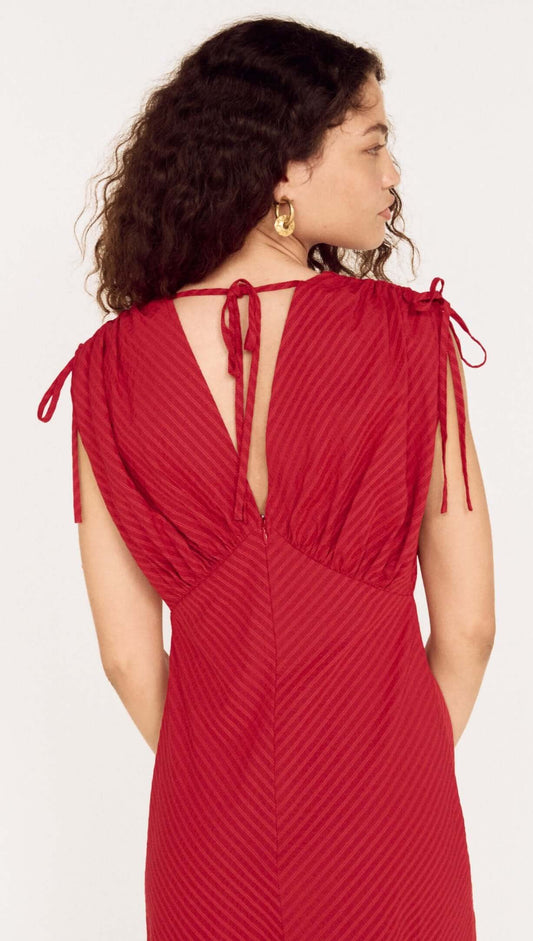 Back view of Red Stripe V-Neck Midi Dress with Gathered Shoulder highlighting gathered shoulder detail.