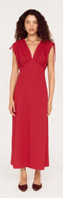 Red Stripe V-Neck Midi Dress with Gathered Shoulder modeled by a woman, featuring a bold design and elegant detail.