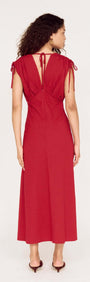 Back view of the Red Stripe V-Neck Midi Dress with Gathered Shoulder showcasing gathered shoulder details.