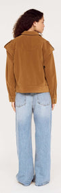 Back view of a woman wearing a Relaxed Fit Faux Suede Jacket with wide-leg jeans.