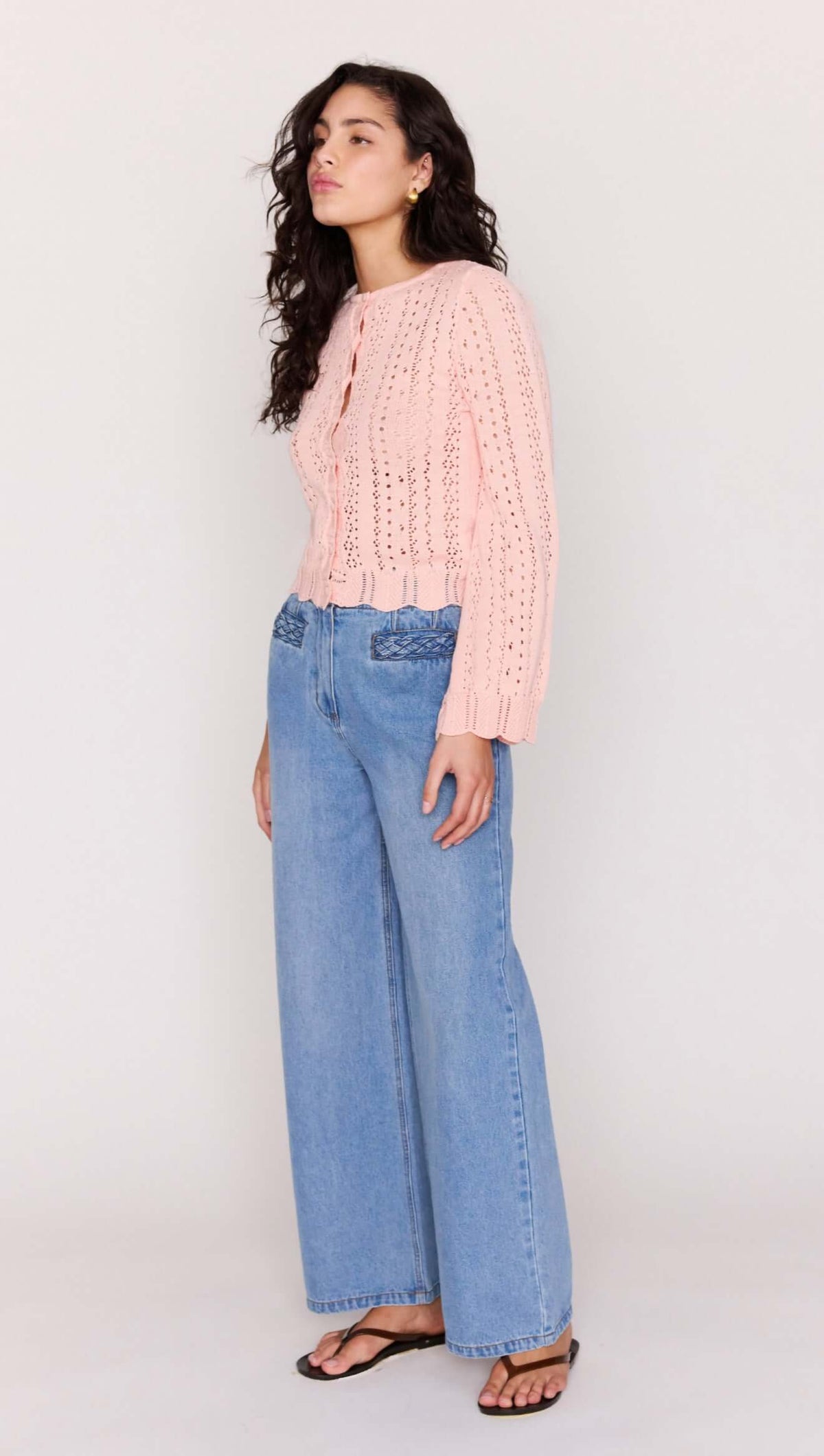 Soft Pink Cotton Pointelle Cardigan paired with wide-leg jeans, showcasing a delicate knit texture and feminine style.