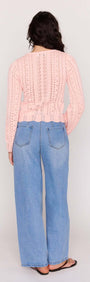 Soft Pink Cotton Pointelle Cardigan from the back, showcasing delicate pointelle knit and relaxed fit paired with wide-leg jeans.