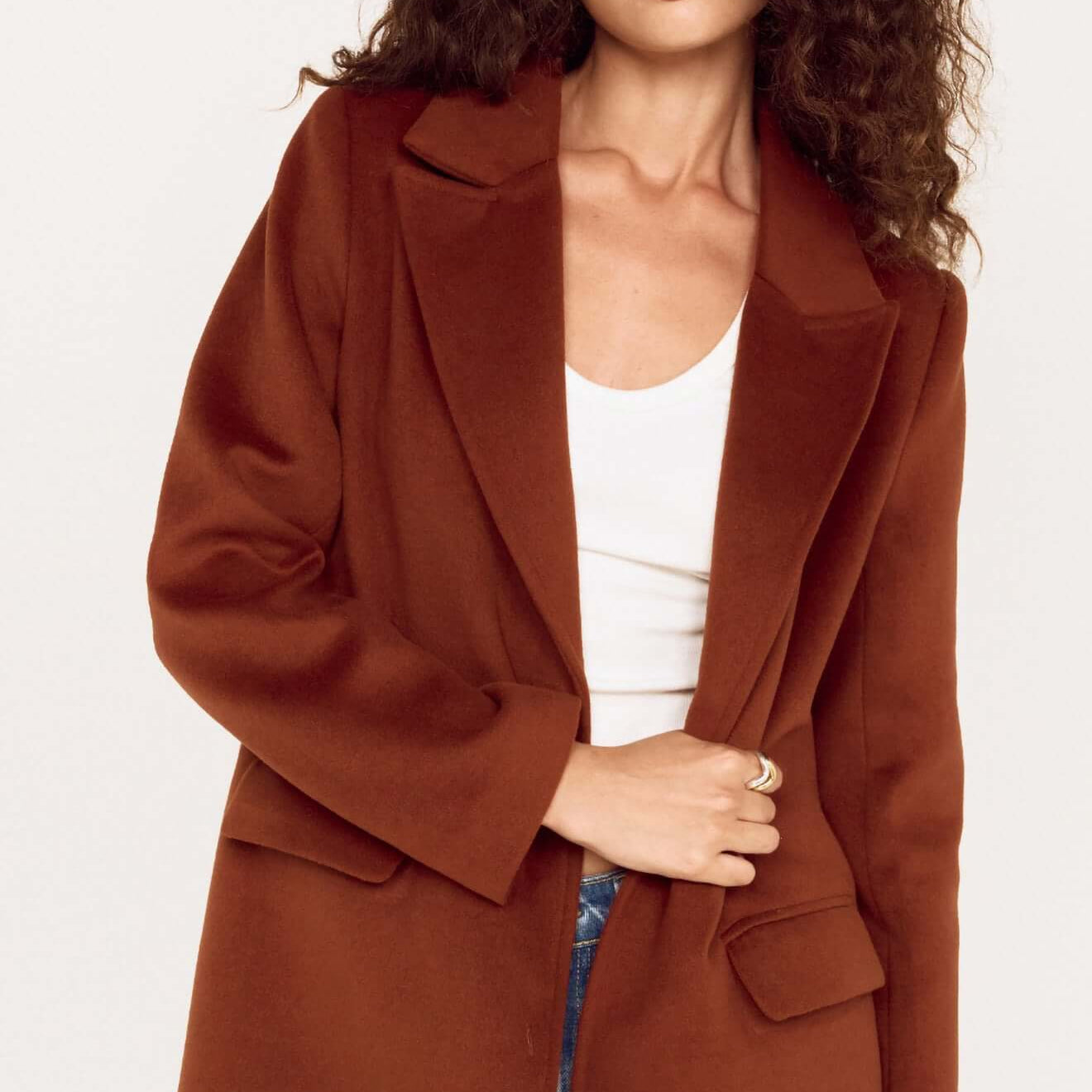 Model wearing a Soft Touch Tailored Coat in Chocolate, styled elegantly for a chic winter look.