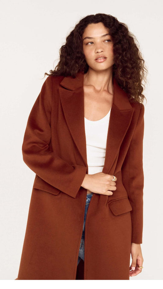 Model wearing a Soft Touch Tailored Coat in Chocolate, styled elegantly for a chic winter look.