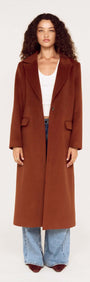 Soft Touch Tailored Coat in Chocolate worn by a model, featuring a classic design and elegant silhouette.
