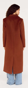 Back view of Soft Touch Tailored Coat in Chocolate worn over denim for a stylish cold-weather look.